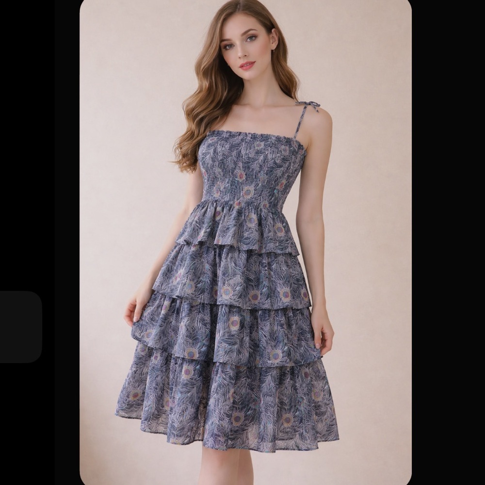 Liberty of London Tier Fit Flare “Peacock” Spaghetti Strap Sun Dress Size M